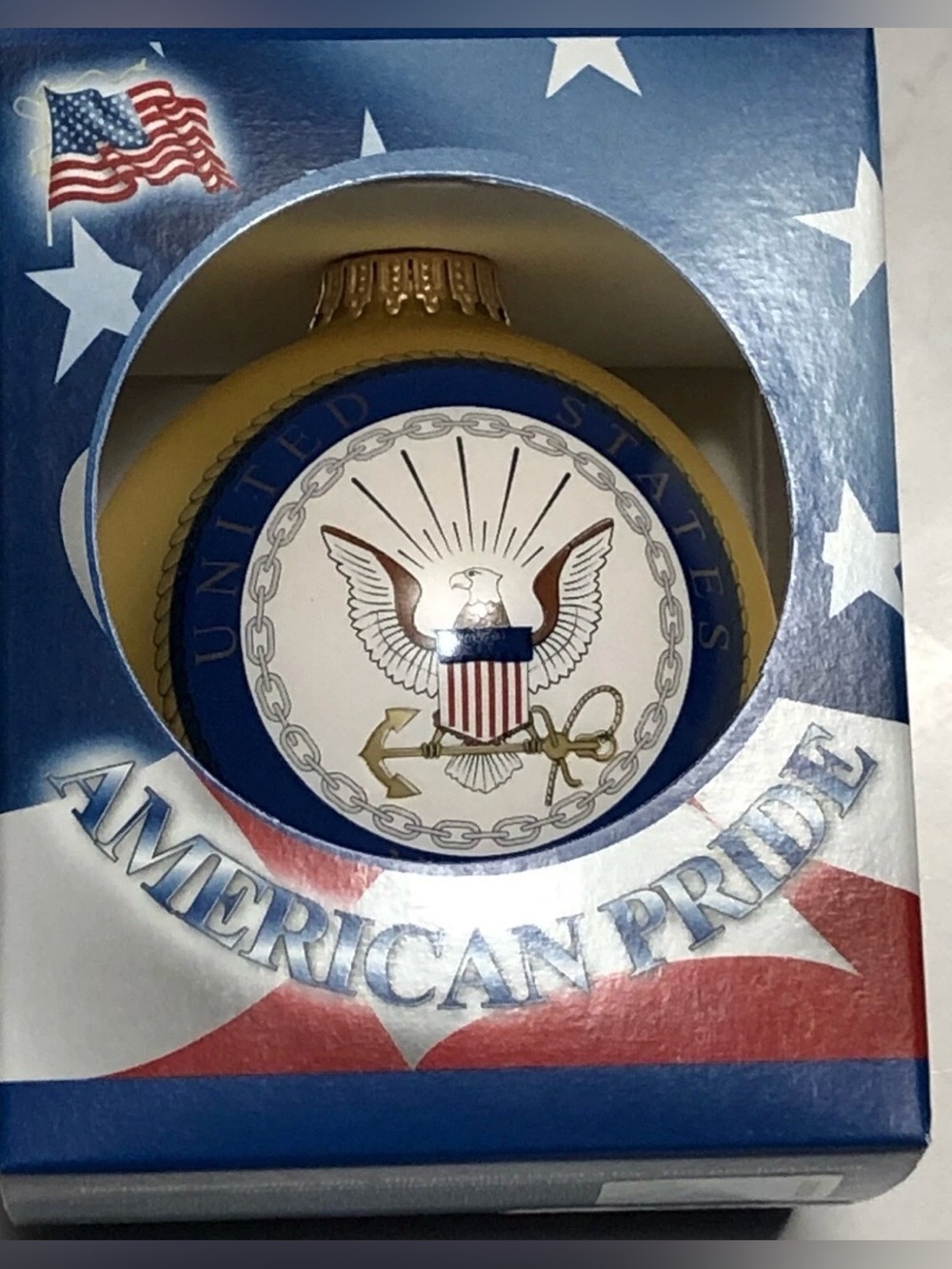 Krebs Christmas Ornament US Navy Gold Blue Glass Ball Eternal Father Prayer